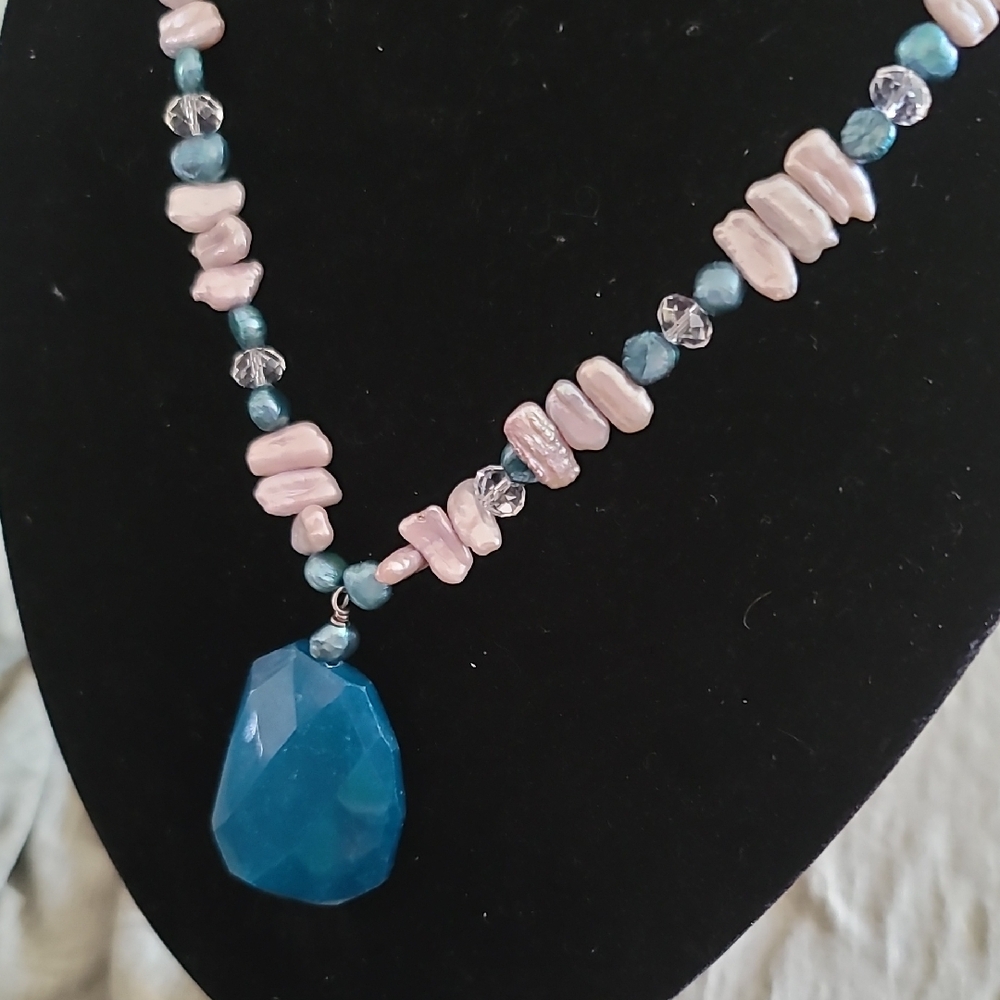 Blue and White Baroque Pearls Necklace With Large Faceted Blue Stone